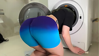 Brunette Step-Sister Gets Stuck In The Laundry Room, Needing Assistance